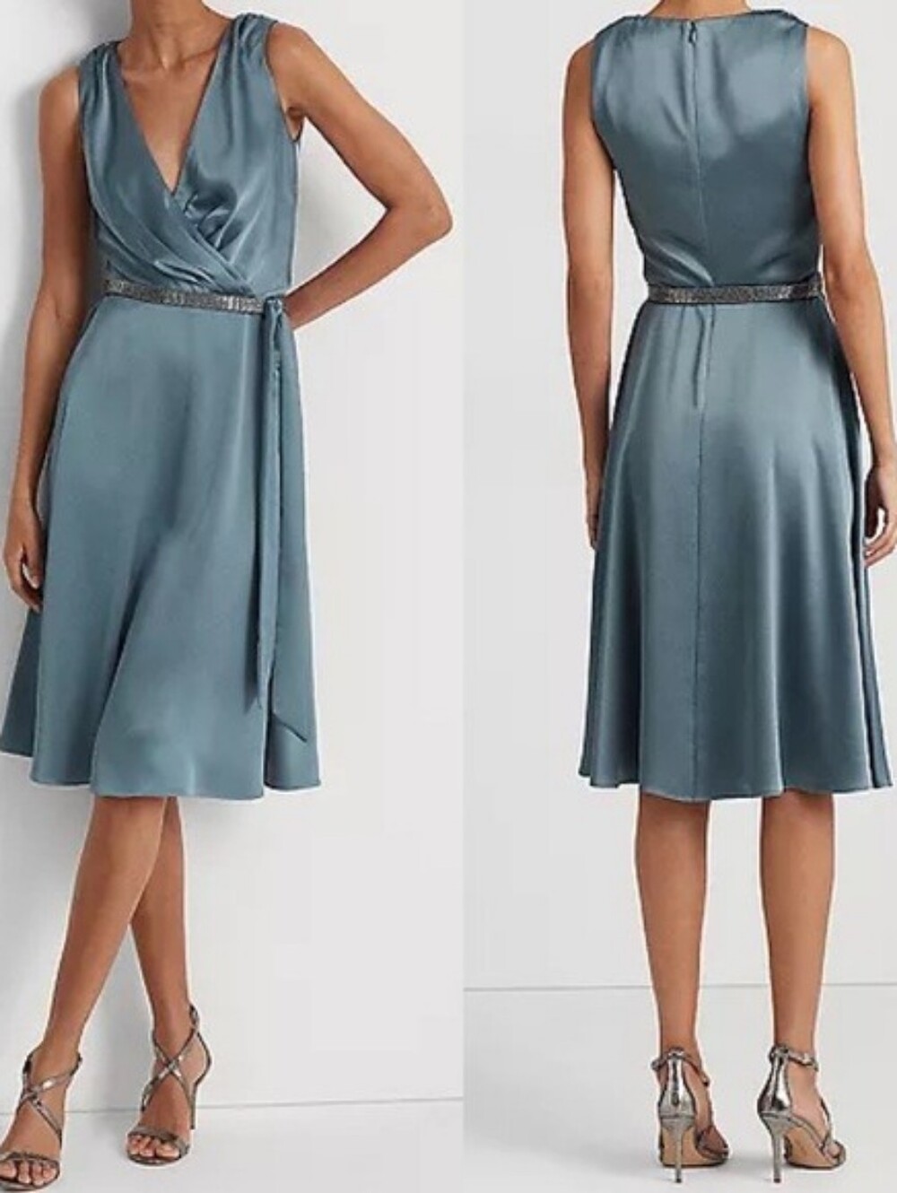 Lauren Ralph Lauren BeltedCharmeuse Cocktail Dress -Highland Sea size 4 Excellen
